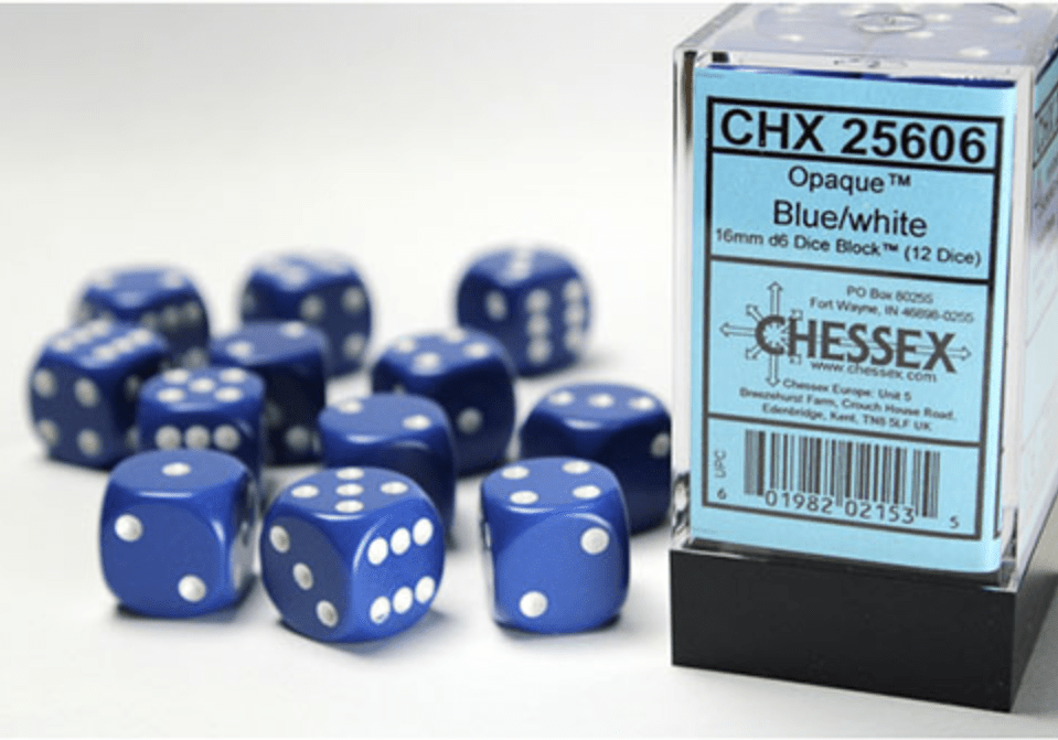 Chessex Opaque Blue/White 16mm D6 dice block CHX 25606 case beside scattered dice