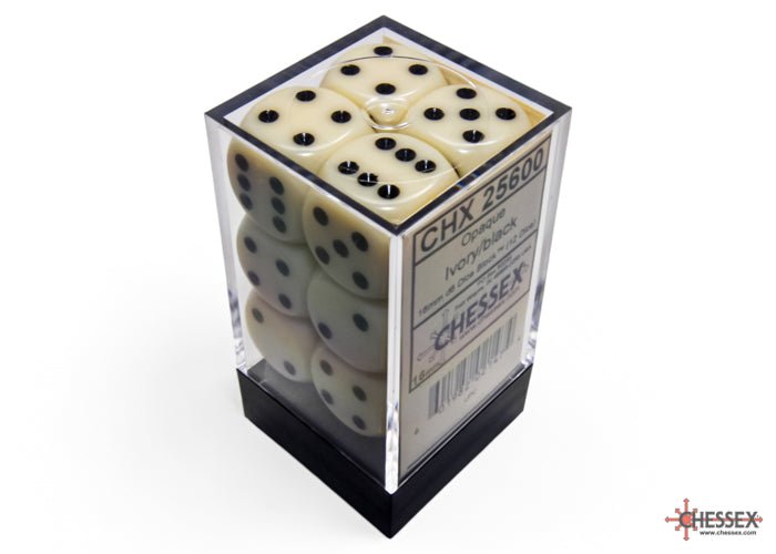 Twelve Chessex ivory 16mm D6 dice stacked in a clear cube storage box