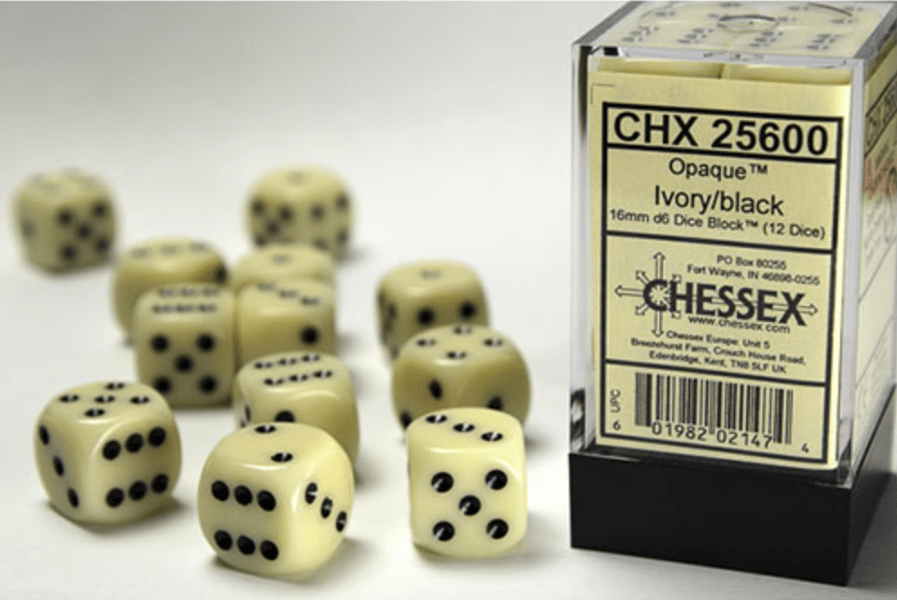 Chessex Ivory with Black 16mm D6 dice block beside its labelled cube box, CHX 25600