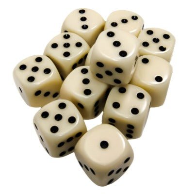 Close-up pile of Chessex ivory 16mm D6 dice with black pips