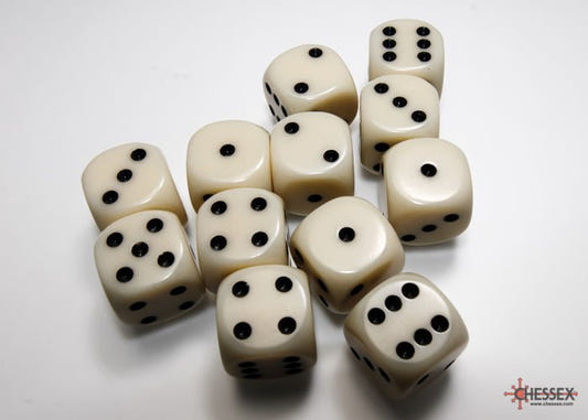 Chessex Opaque 16mm Ivory with Black D6 dice, twelve dice spread on a white surface