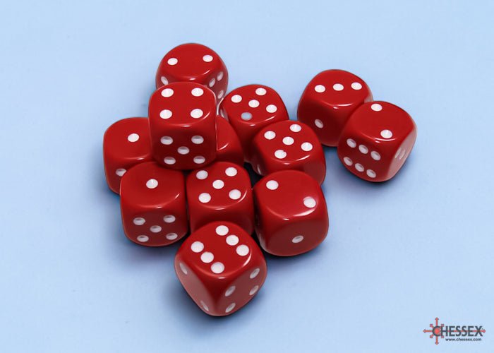 Twelve Chessex Opaque red 16mm dice with white pips on a pale blue background