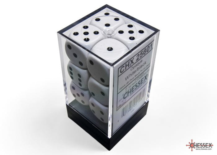 Chessex Opaque White with Black 16mm D6 dice block in its clear plastic cube case