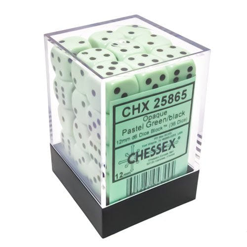 Chessex - Opaque Pastel 12mm D6 Dice Block - Green/Black - Loaded Dice