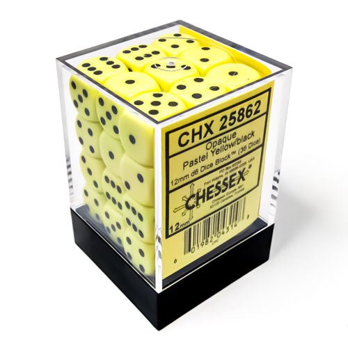 Chessex - Opaque Pastel 12mm D6 Dice Block - Yellow/Black - Loaded Dice