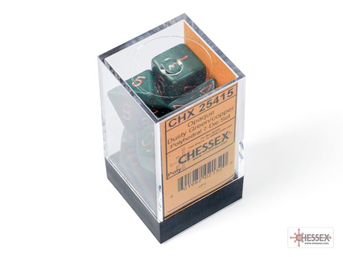 Chessex Opaque Dusty Green with Gold 7 dice set in its clear cube box, CHX 25415