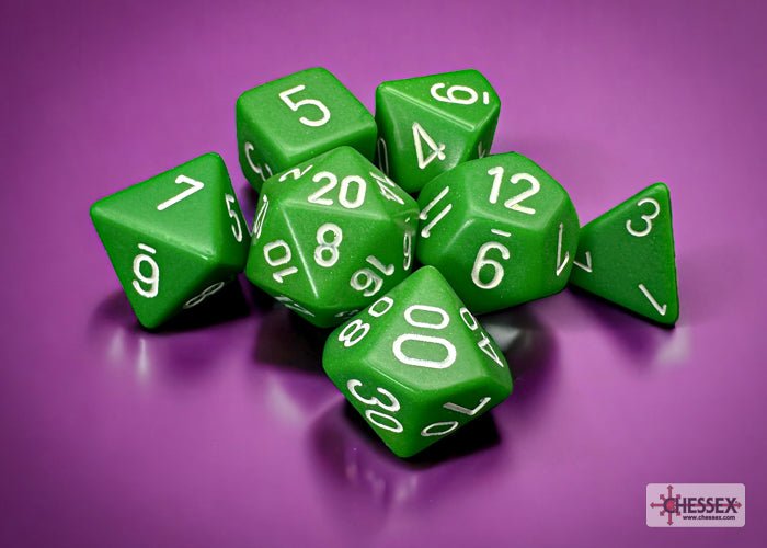 Chessex - Opaque Polyhedral 7 Dice Set - Green with White - Loaded Dice