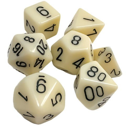 Chessex Opaque Ivory with Black polyhedral 7 dice set, close-up of the dice