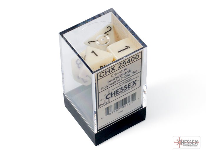 Chessex Opaque Ivory with Black 7 dice set in its clear plastic storage cube