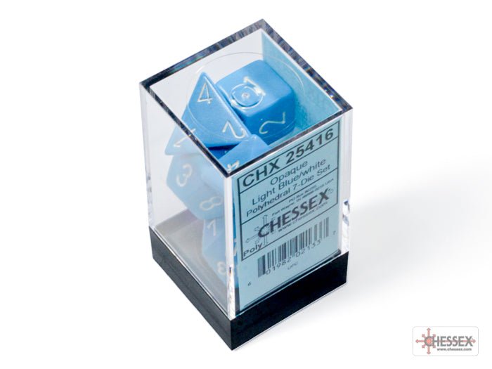 Chessex Opaque Light Blue with White 7 dice set in its clear display box, CHX 25416