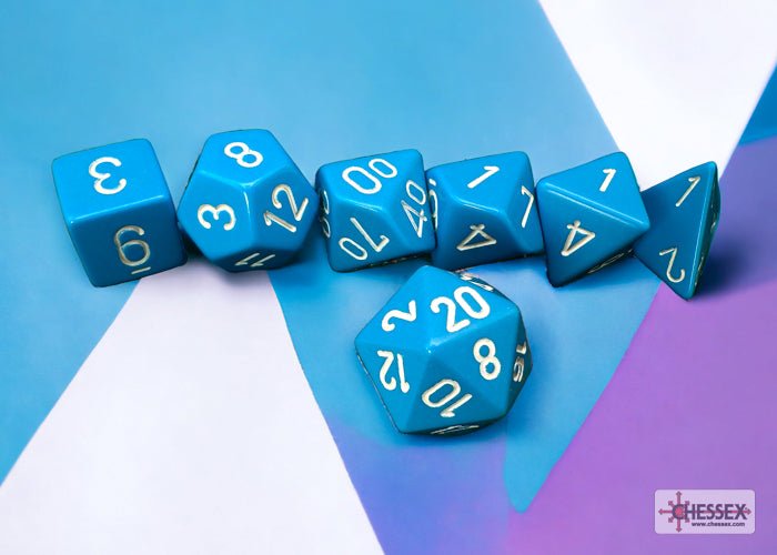 Chessex - Opaque Polyhedral 7 Dice Set - Light Blue with White - Loaded Dice