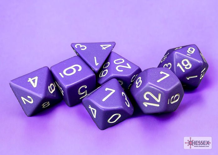 Chessex - Opaque Polyhedral 7 Dice Set - Purple with White - Loaded Dice