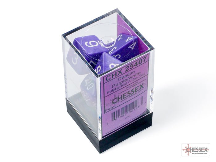 Chessex - Opaque Polyhedral 7 Dice Set - Purple with White - Loaded Dice