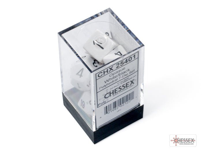 Chessex Opaque White with Black 7 dice set in its clear plastic storage cube