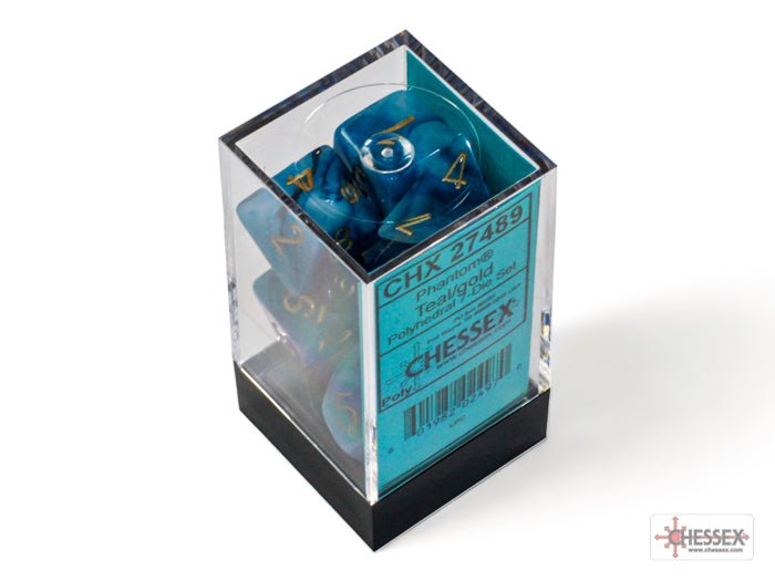 Chessex Phantom teal with gold 7 dice set in clear plastic display case
