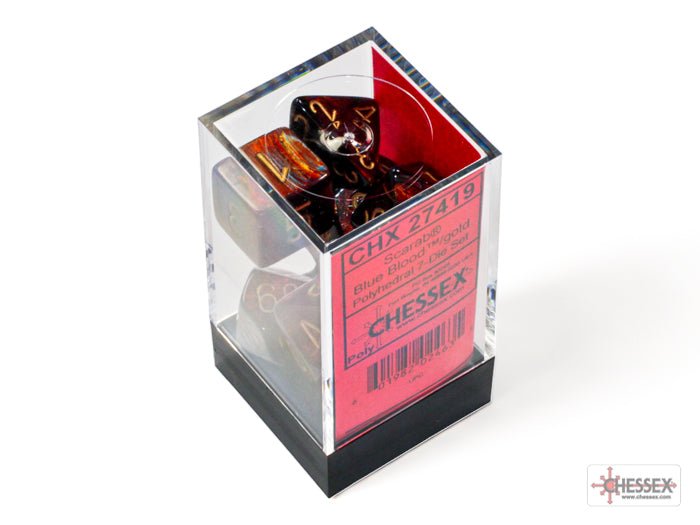 Chessex Scarab polyhedral 7 dice set in its clear plastic storage cube