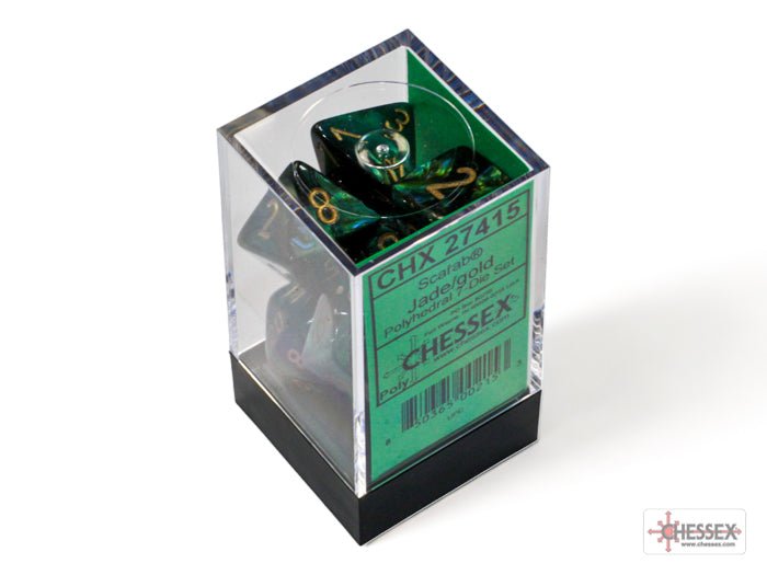 Chessex Scarab Jade with Gold 7-dice set in its clear plastic display box