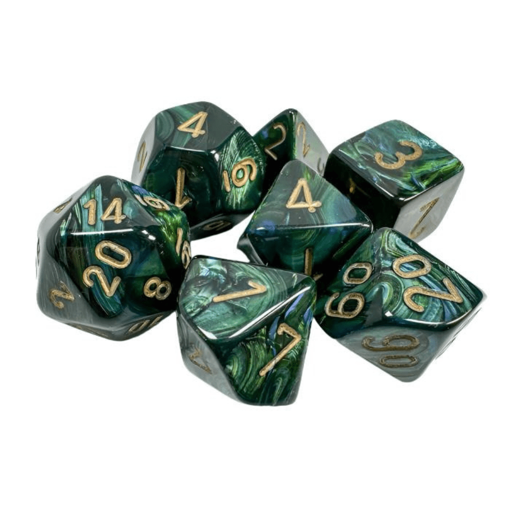 Chessex - Scarab Polyhedral 7 Dice Set - Jade with Gold - Loaded Dice