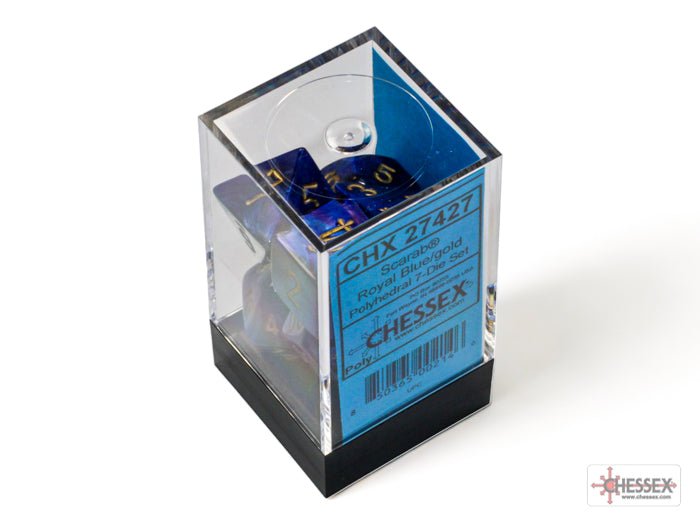 Chessex Scarab Royal Blue with Gold seven-dice set in its clear display case