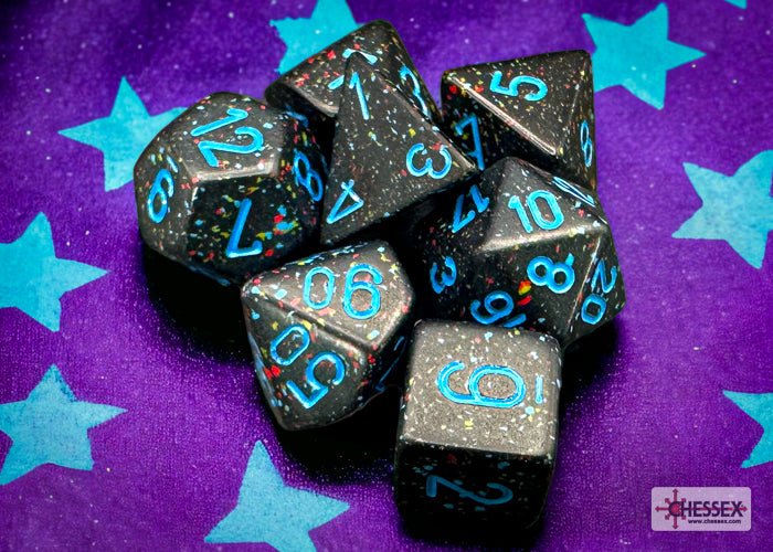 Chessex Speckled Blue Stars dice on a purple background with blue stars