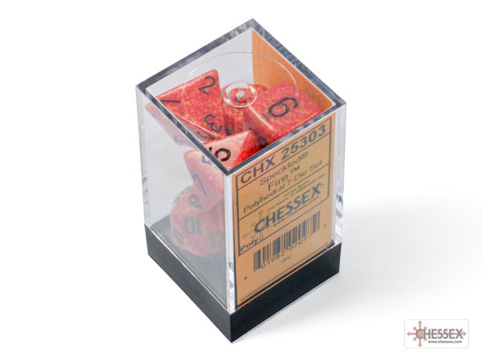 Chessex Speckled Fire polyhedral dice in clear display case