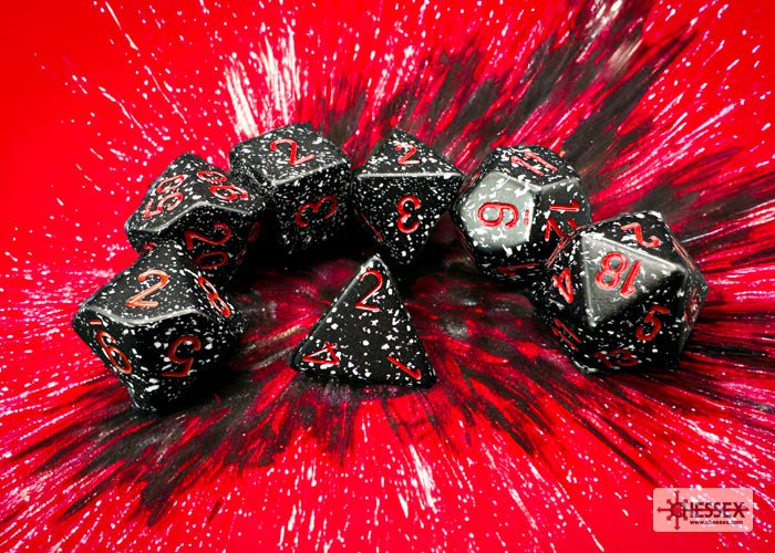 Chessex Speckled Space dice set arranged on a red and black starburst background