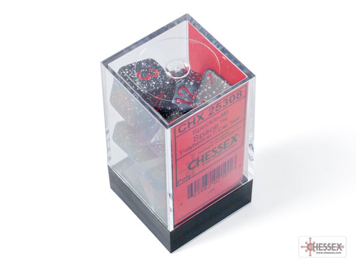 Chessex Speckled Space 7 dice set packed in its clear cube box with black base