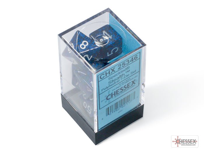 Chessex Speckled Stealth 7 dice set in its clear plastic Chessex display case