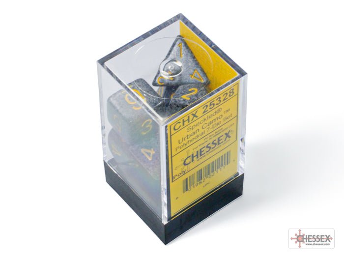 Chessex Speckled Urban Camo 7 dice set in its clear display box, CHX 25328