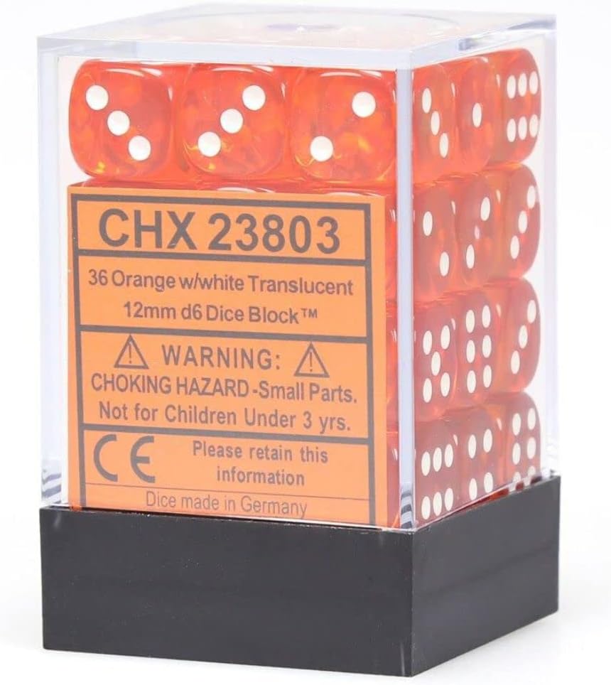 Chessex CHX 23803 translucent orange 12mm D6 dice block in its clear cube case