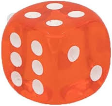 Close-up of a single Chessex translucent orange D6 with white pips