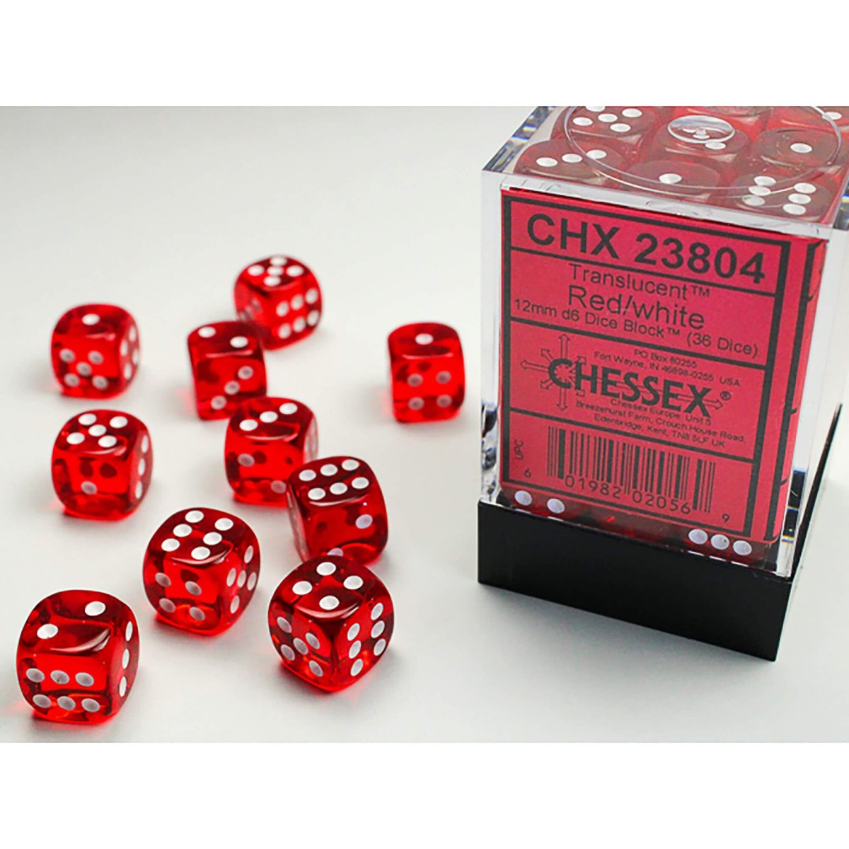 Chessex Translucent Red with White 12mm D6 dice block in cube with loose dice