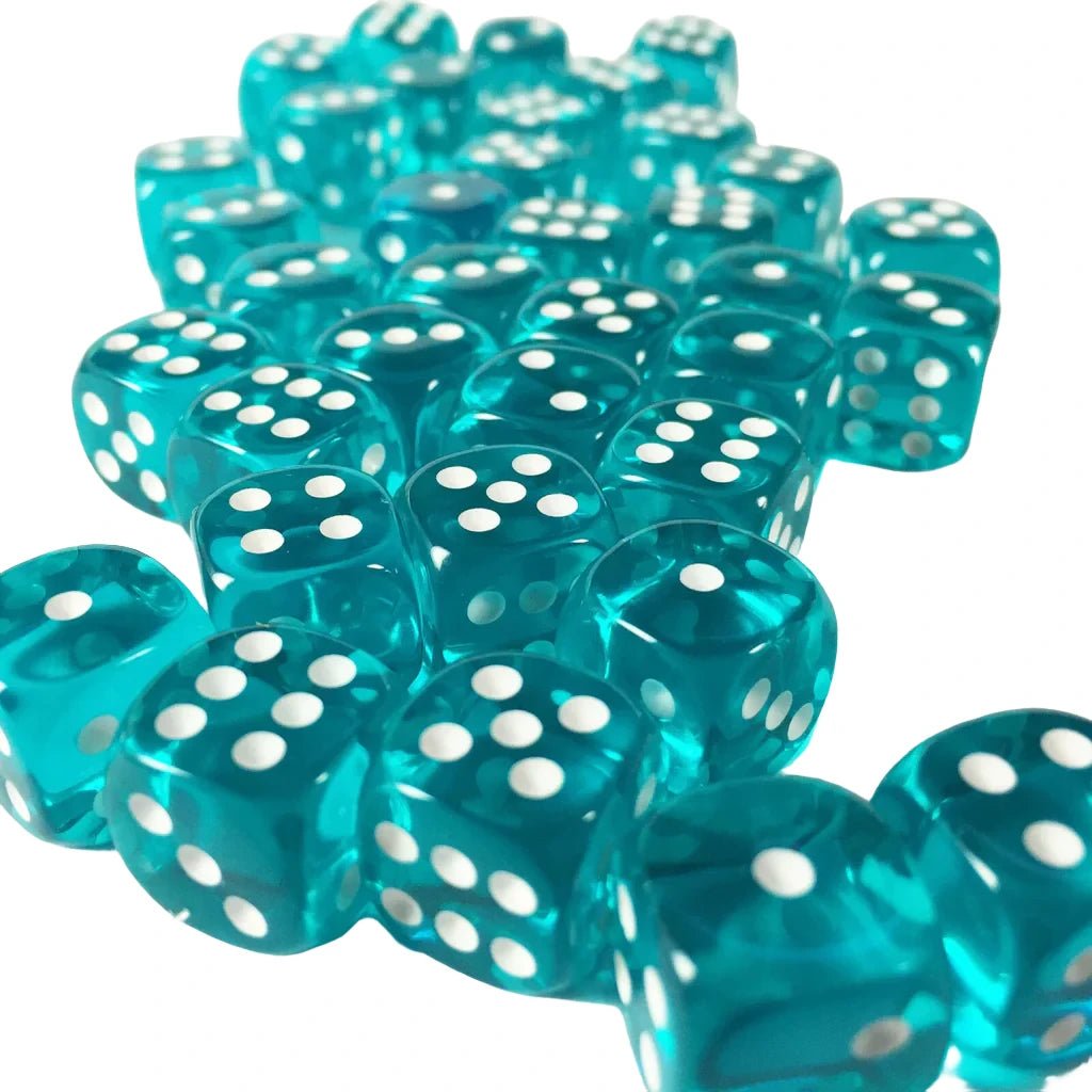 Chessex translucent teal 12mm D6 dice with white pips, loose pile