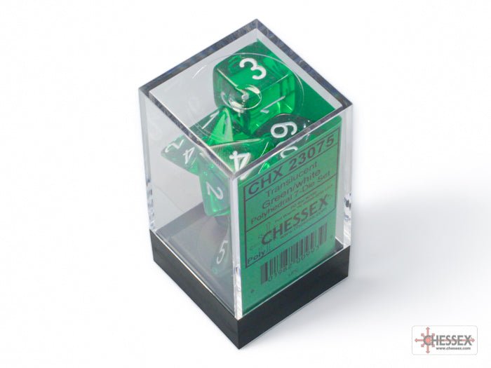 Chessex Translucent Green and White 7 dice set in its clear plastic Chessex cube box