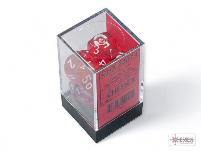 Chessex translucent red and white 7 dice set in its clear plastic cube packaging