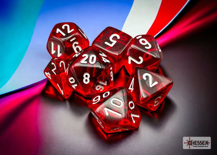 Chessex translucent red polyhedral dice with white numerals on a colourful backdrop