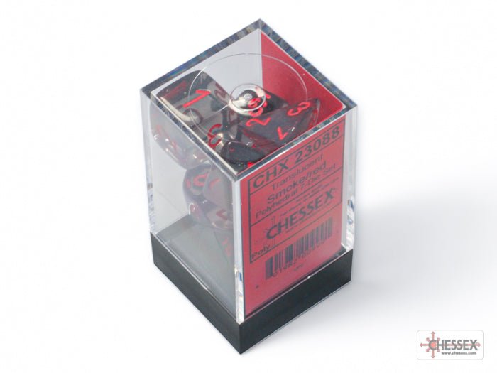 Chessex Translucent Smoke and Red 7 dice set packed in its clear Chessex display case