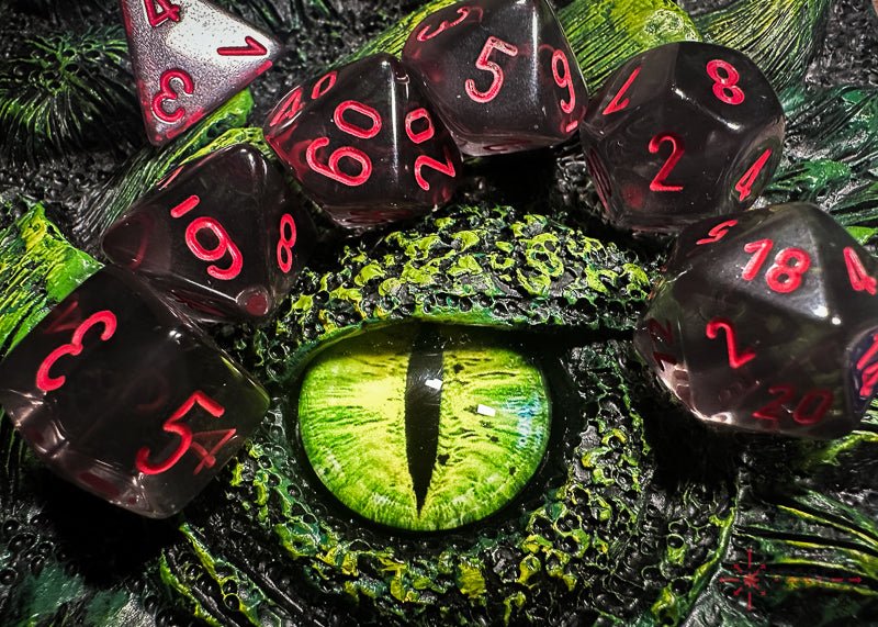 Chessex Translucent Smoke and Red dice on a green dragon eye background