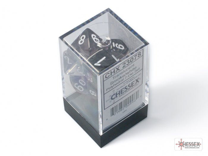 Chessex Translucent Smoke and White polyhedral dice set in its clear plastic display box