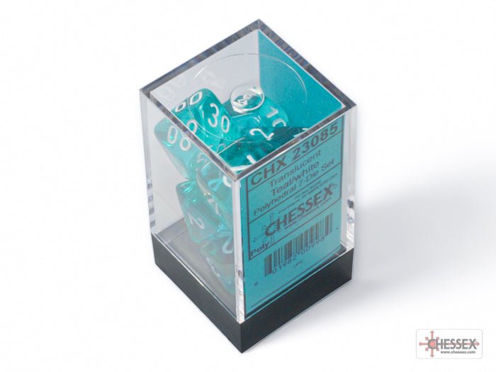 Chessex Translucent Teal with White 7 dice set in clear plastic cube packaging