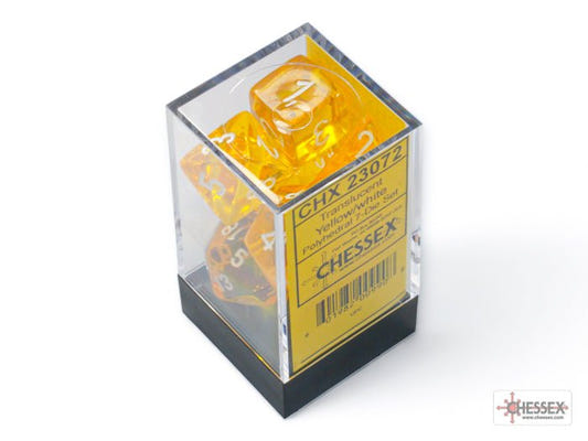 Chessex Translucent Yellow with White 7 dice set in clear display case