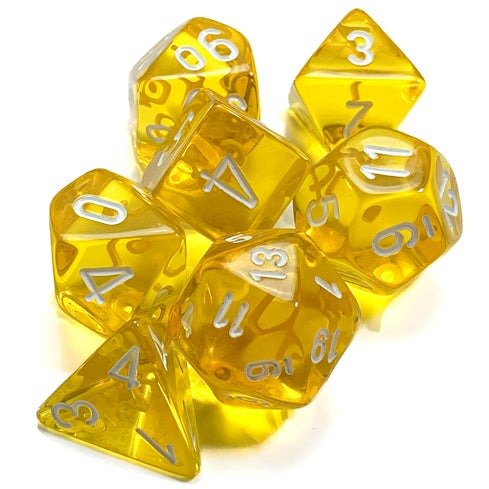 Chessex Translucent yellow polyhedral dice set with white numbers, seven dice