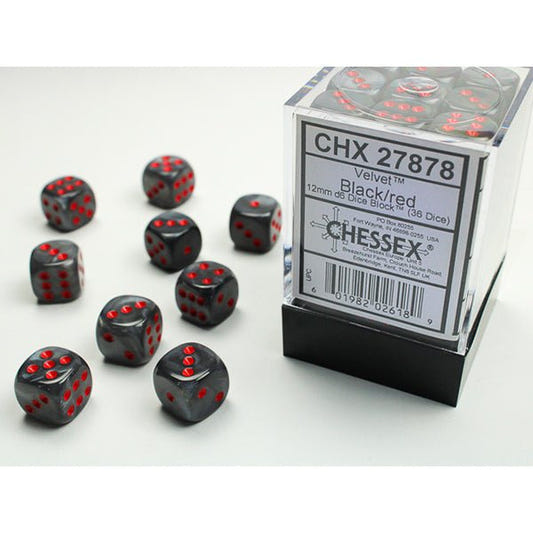 Chessex - Velvet 12mm D6 Dice Block - Black w/ Red - Loaded Dice