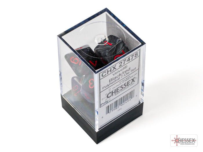 Chessex Velvet Black with Red seven-dice set in its clear display case with lid