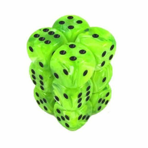 Stack of Chessex Vortex bright green 16mm D6 dice showing the swirled translucent finish