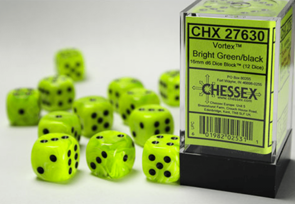 Chessex Vortex Bright Green/black 16mm D6 dice block box beside the twelve loose dice