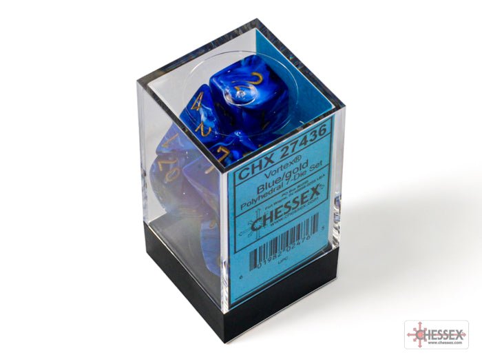 Chessex - Vortex Polyhedral 7 Dice Set - Blue with Gold - Loaded Dice