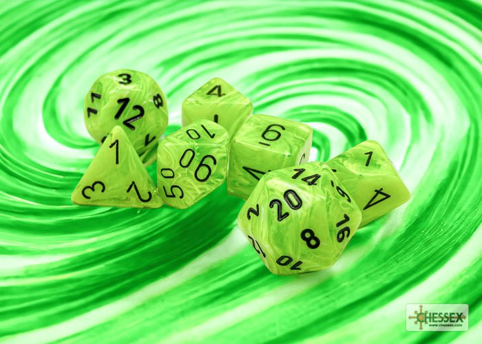 Chessex Vortex bright green dice arranged on a swirling green background