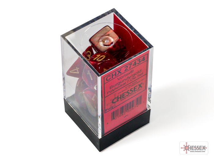 Chessex Vortex Burgundy with Gold 7 dice set in its clear plastic display cube with black base