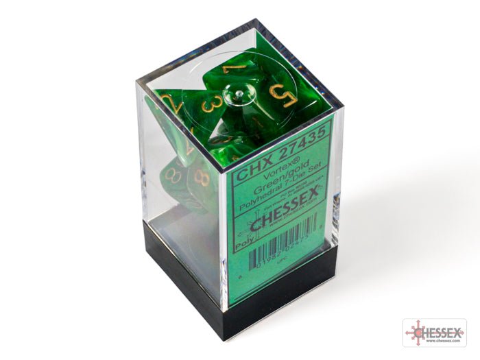 Chessex Vortex Green with Gold 7 dice set in its clear plastic Chessex cube box